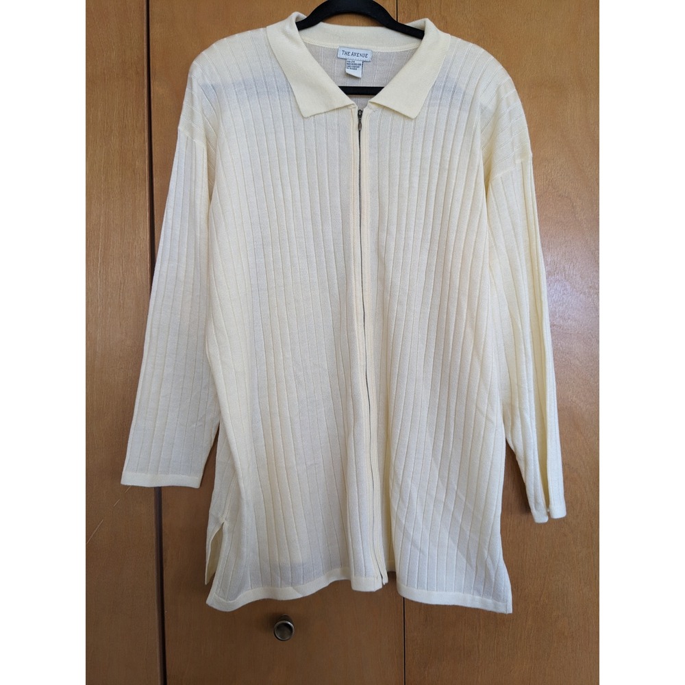 Vintage The Avenue Cream Ribbed Full Zip Knit Cardigan Sweater Womens 2X